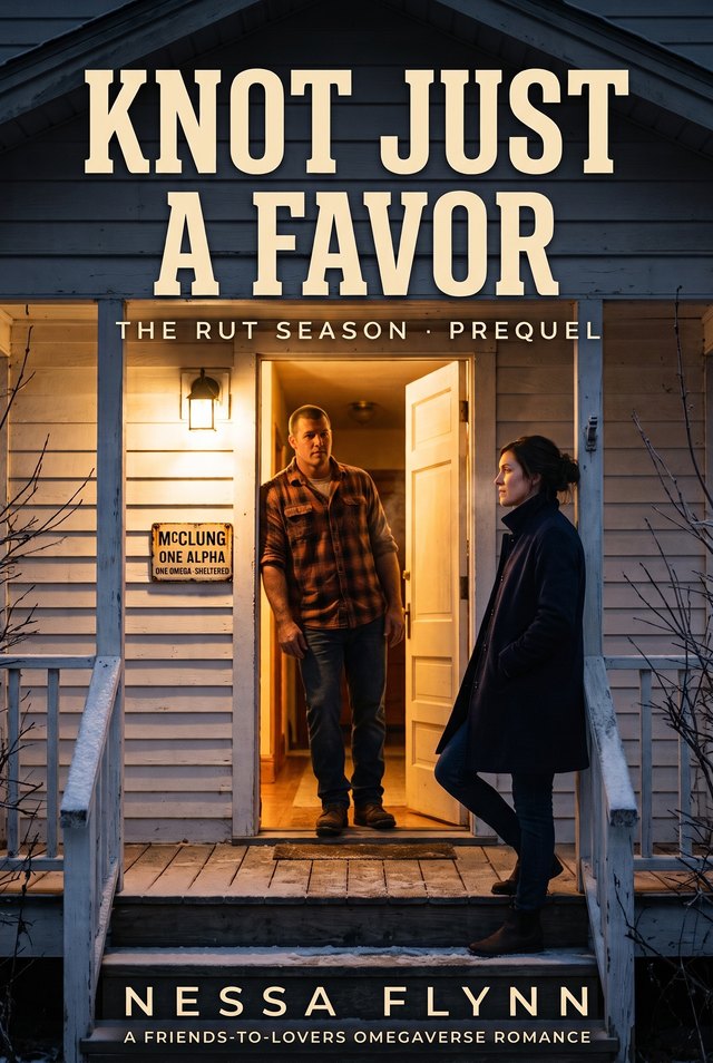 Cover of Knot Just a Favor by Nessa Flynn: a man in a flannel shirt in a lit farmhouse doorway, and a woman in a navy coat on the frosted porch steps below a painted tin placard.